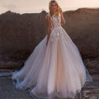 Scoop Lace Applique A Line Wedding Dresses Sleeveless Illusion Tulle Boho Bridal Gown Vestido De Noiva