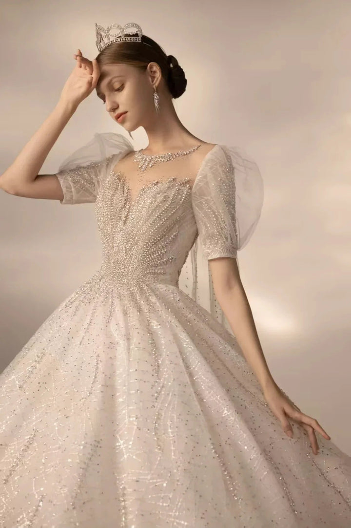 Sparkling Ball Gown Sweetheart Neck Tulle Wedding Dress with Beaded Embroidery &amp; Sheer Puff Sleeves Q6021 by ZAPDRESS