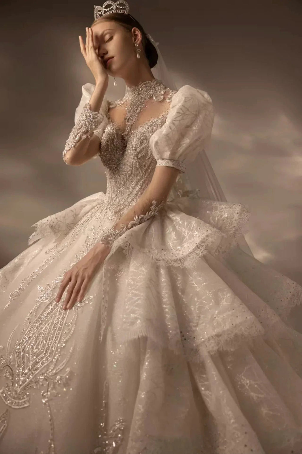 Regal High Neck Puff Sleeve Tulle Wedding Dress with Sequin Embroidery & Layered Ruffle Train Q6020 by ZAPDRESS