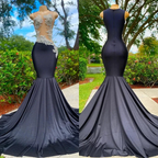 Black Long Sleeveless Strapless Satin Lace Appliques Mermaid Prom Dress by BIZTUNNEL