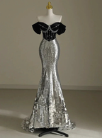 Chic Silver Mermaid Sequins Off the Shoulder Beading Prom Dress Evening Dress Y7613 by simplepromdress
