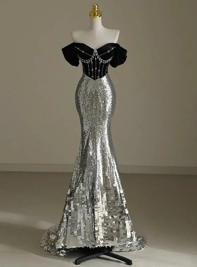 Chic Silver Mermaid Sequins Off the Shoulder Beading Prom Dress Evening Dress Y7613 by simplepromdress