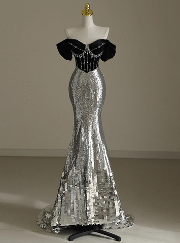 Schickes silbernes Meerjungfrau-Kleid mit Pailletten, schulterfrei, Perlenbesatz, Abendkleid Y7613