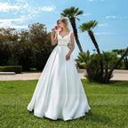 Elegant Women's Wedding Dresses V-Neck Lace Appliques Beads Belt Satin Buttons Back A-Line 2023 Vestido De Noiva Bridal Gowns by payinti