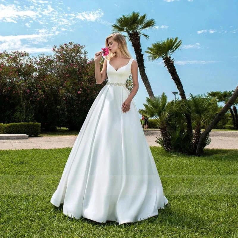 Elegant Women's Wedding Dresses V-Neck Lace Appliques Beads Belt Satin Buttons Back A-Line 2023 Vestido De Noiva Bridal Gowns by payinti