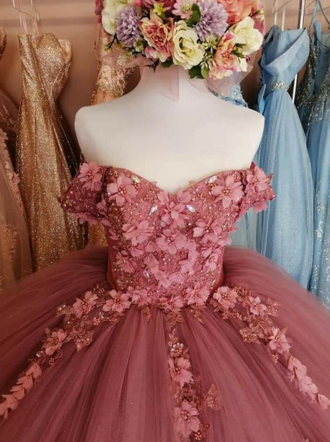 Ball Gown Dusty Pink Lace Prom Dresses Long Sweet 16 Dress Y683 Main Image