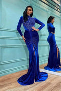 Regal Blue Mermaid Prom Gown with Long Sleeves by BIZTUNNEL