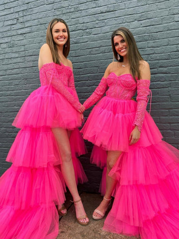 Paige |A-Linien-Ballkleid aus asymmetrischem, trägerlosem, gestuftem Tüll