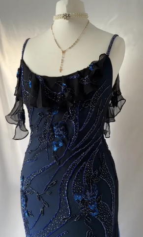 Lujoso vestido de noche de gasa azul marino con cuentas, vestido formal para fiesta de graduación Y7529