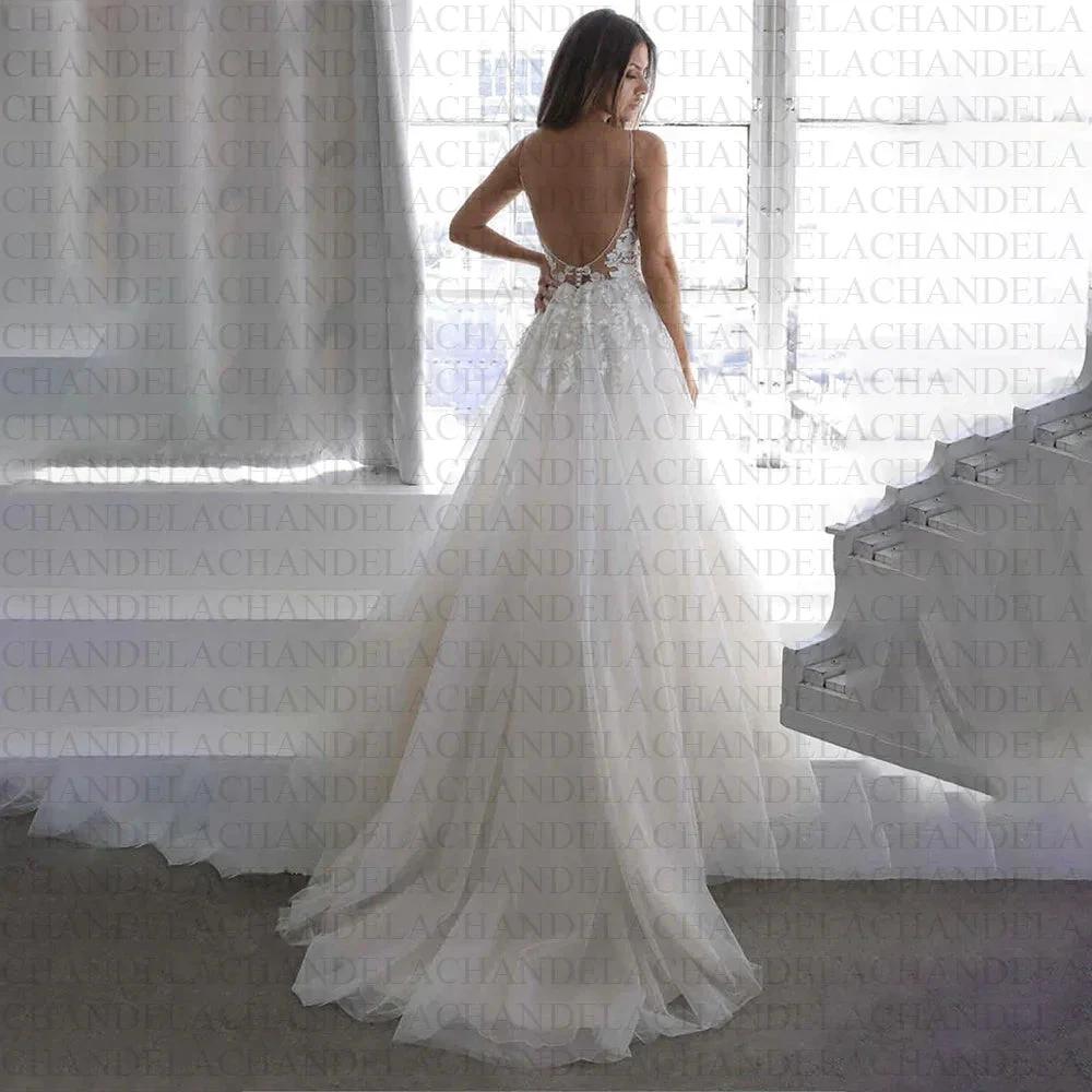 Tulle V-Line Wedding Dresses Deep V-Neck Spaghetti Strap Lace Appliques Backless Pleat Customised Vestidos De Novia by payinti