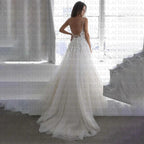 Tulle V-Line Wedding Dresses Deep V-Neck Spaghetti Strap Lace Appliques Backless Pleat Customised Vestidos De Novia by payinti