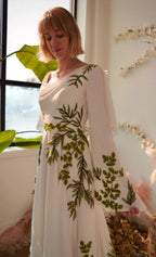 Luxury White & Green Botanical Print Cape Boho Train Wedding Dress SW642