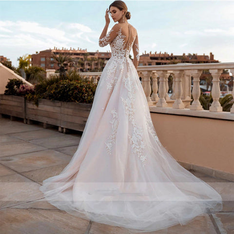 Sheer Sleeves Illusion Lace Wedding Dresses Applique Beach Bridal Gown Sexy Robe De Mariee Bride Dress For Women Bohemian 2022
