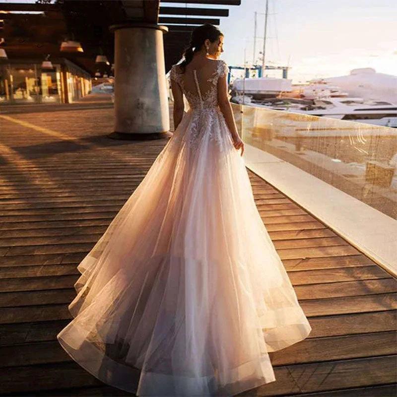 Boho Beach Wedding Dress O-Neck Appliques Lace Top Vintage Princess Wedding Gown Cap Sleeve Simple Bride Dress 2020 by payinti