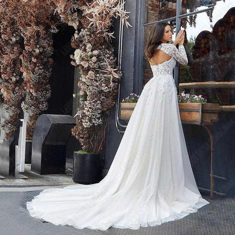 Wedding Dress A Line Removable Long Sleeve Bride Elegant Open Back Lace Bridal Gown Applique Tulle Vestido De Noiva by payinti
