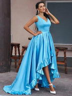 Hi-Lo Sapphire Serenity V-Neck Sleeveless A-Line Evening Gown by BIZTUNNEL