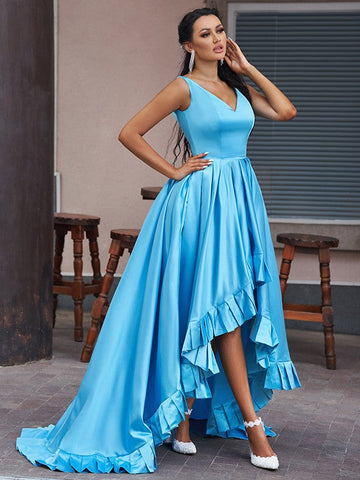 Hi-Lo Sapphire Serenity Abendkleid in A-Linie mit V-Ausschnitt und ärmellosem Schnitt
