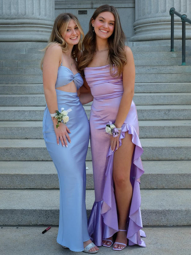 Calivia | Lavender Mermaid Straps Cowl Neck Satin Long Prom Dress Hover Image