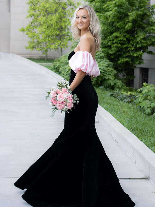 Calix | Black Mermaid Velvet Long Prom Dress with Detachable Sleeves Main Image