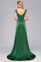 Cap Sleeve aline appliques Bridesmaid Dress Green Side Split Wedding Party Dress with Sweep Train