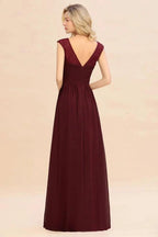 Cap Sleeve Burgundy Evening Maxi Gown Chiffon Floor Length Bridesmaid Dress by misshow.com