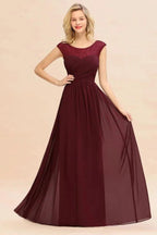 Cap Sleeve Burgundy Evening Maxi Gown Chiffon Floor Length Bridesmaid Dress by misshow.com