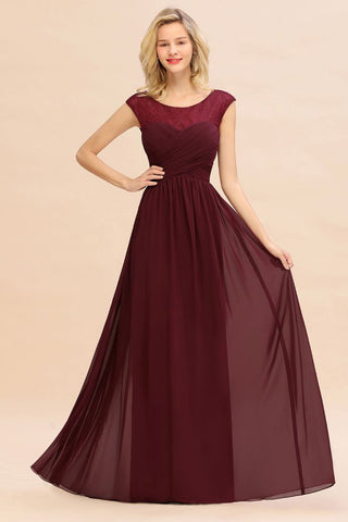 Vestido de dama de honor largo hasta el suelo de gasa con mangas cortas color burdeos