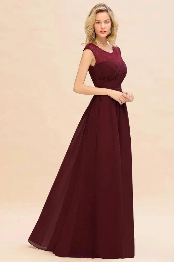 Cap Sleeve Burgundy Evening Maxi Gown Chiffon Floor Length Bridesmaid Dress by misshow.com