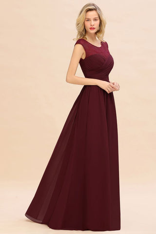 Vestido de dama de honor largo hasta el suelo de gasa con mangas cortas color burdeos