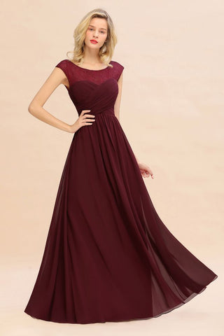 Vestido de dama de honor largo hasta el suelo de gasa con mangas cortas color burdeos