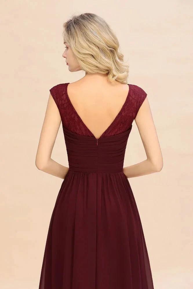 Cap Sleeve Burgundy Evening Maxi Gown Chiffon Floor Length Bridesmaid Dress by misshow.com