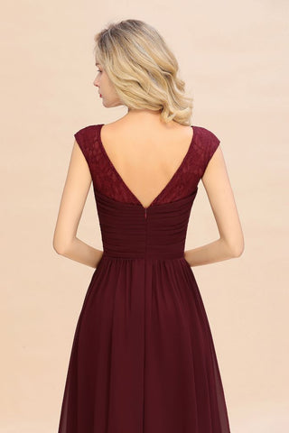 Vestido de dama de honor largo hasta el suelo de gasa con mangas cortas color burdeos