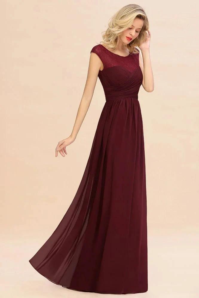 Cap Sleeve Burgundy Evening Maxi Gown Chiffon Floor Length Bridesmaid Dress by misshow.com