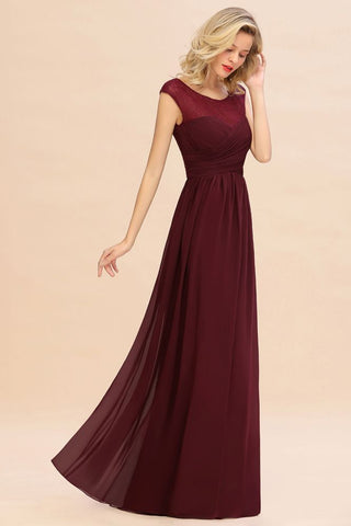 Vestido de dama de honor largo hasta el suelo de gasa con mangas cortas color burdeos