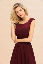 Cap Sleeve Burgundy Evening Maxi Gown Chiffon Floor Length Bridesmaid Dress by misshow.com