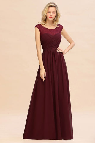 Vestido de dama de honor largo hasta el suelo de gasa con mangas cortas color burdeos
