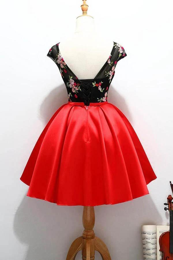 Cap Sleeve Red and Black Cute Homecoming Short Prom Dresses PD218 by pgmdress