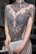 Cap Sleeves High Neck Sparkly Beads Floor-Length Mermaid Evening Party Gown