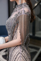Cap Sleeves High Neck Sparkly Beads Floor-Length Mermaid Evening Party Gown