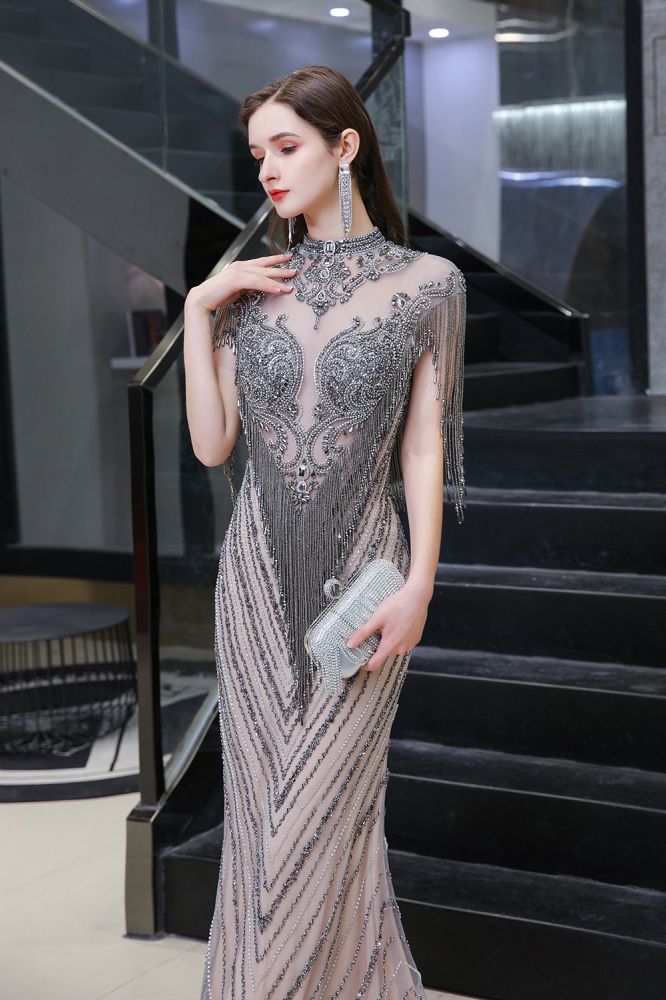 Cap Sleeves High Neck Sparkly Beads Floor-Length Mermaid Evening Party Gown