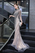Cap Sleeves High Neck Sparkly Beads Floor-Length Mermaid Evening Party Gown by misshow.com