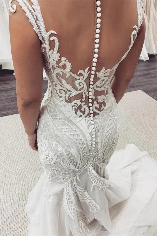 Cap Sleeves Lace Mermaid Wedding Dress by misshow.com