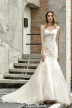 Cap Sleeves Lace Mermaid Wedding Dress White/Ivory Floral Garden Bridal Gown by misshow.com