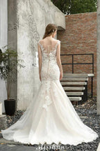Cap Sleeves Lace Mermaid Wedding Dress White/Ivory Floral Garden Bridal Gown by misshow.com