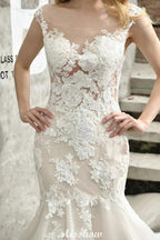 Cap Sleeves Lace Mermaid Wedding Dress White/Ivory Floral Garden Bridal Gown by misshow.com