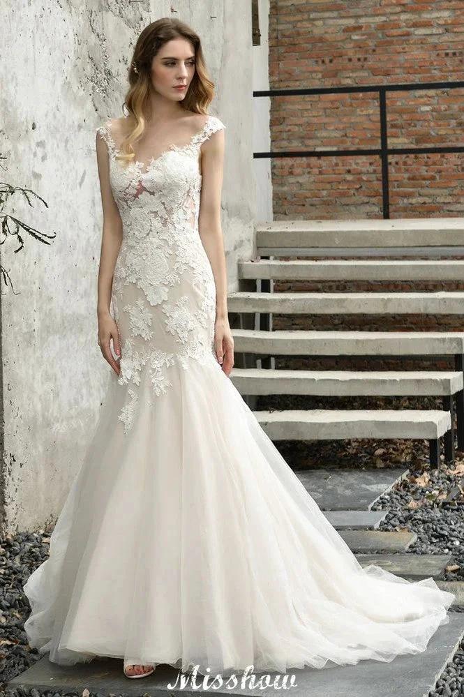 Cap Sleeves Lace Mermaid Wedding Dress White/Ivory Floral Garden Bridal Gown by misshow.com