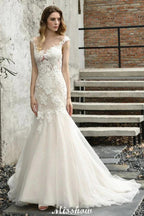 Cap Sleeves Lace Mermaid Wedding Dress White/Ivory Floral Garden Bridal Gown by misshow.com