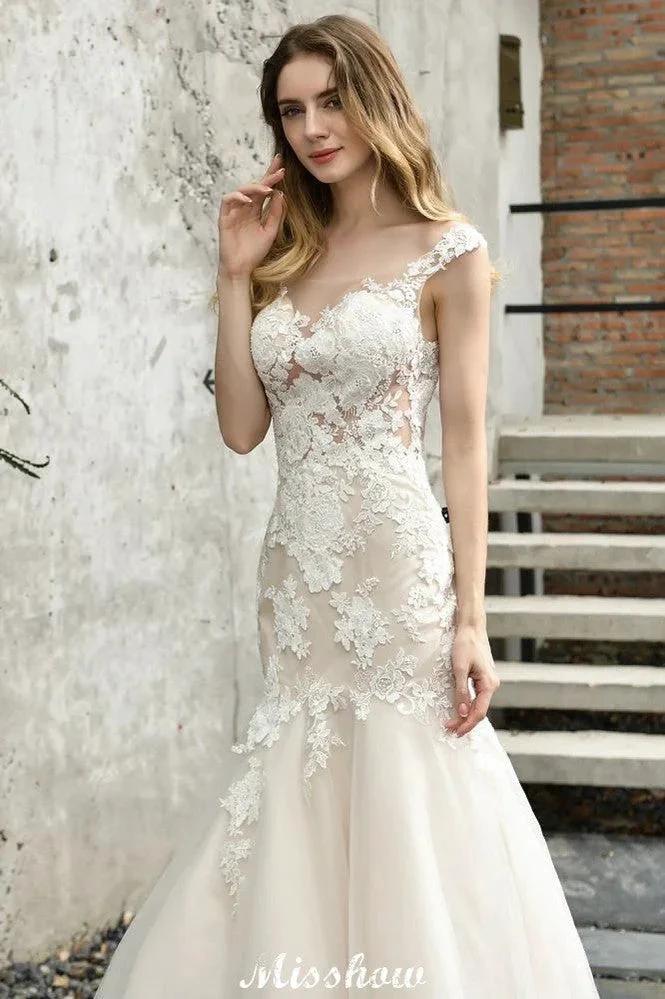 Cap Sleeves Lace Mermaid Wedding Dress White/Ivory Floral Garden Bridal Gown by misshow.com