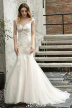 Cap Sleeves Lace Mermaid Wedding Dress White/Ivory Floral Garden Bridal Gown by misshow.com
