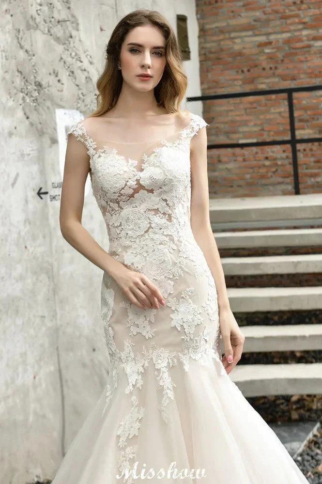 Cap Sleeves Lace Mermaid Wedding Dress White/Ivory Floral Garden Bridal Gown by misshow.com